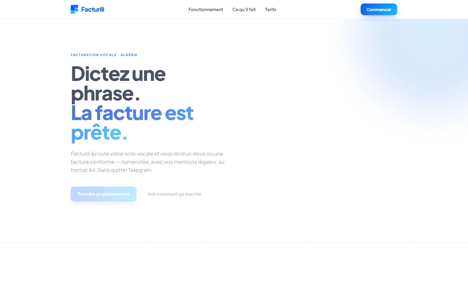 Facturili — Dictez une phrase. La facture est prête.